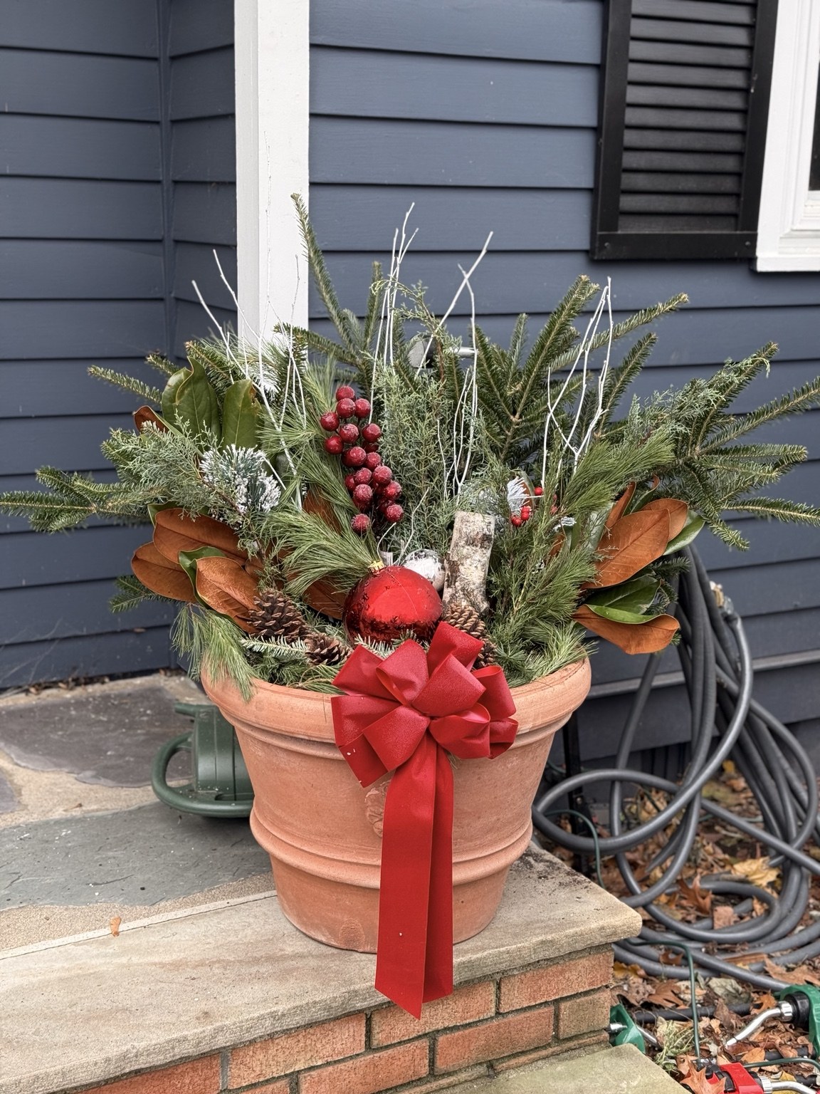 Winter container with fresh-cut evergreen branches, magnolia foliage, pinecones and a red ribbon on a front step